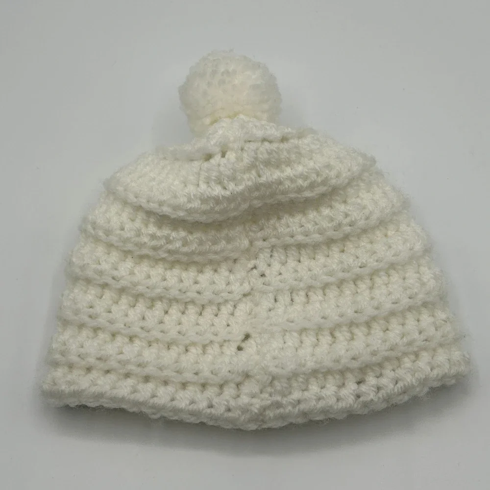 Handmade Ivory Crochet Newborn Baby Girl Winter Beanie Embroidered Flower Basket